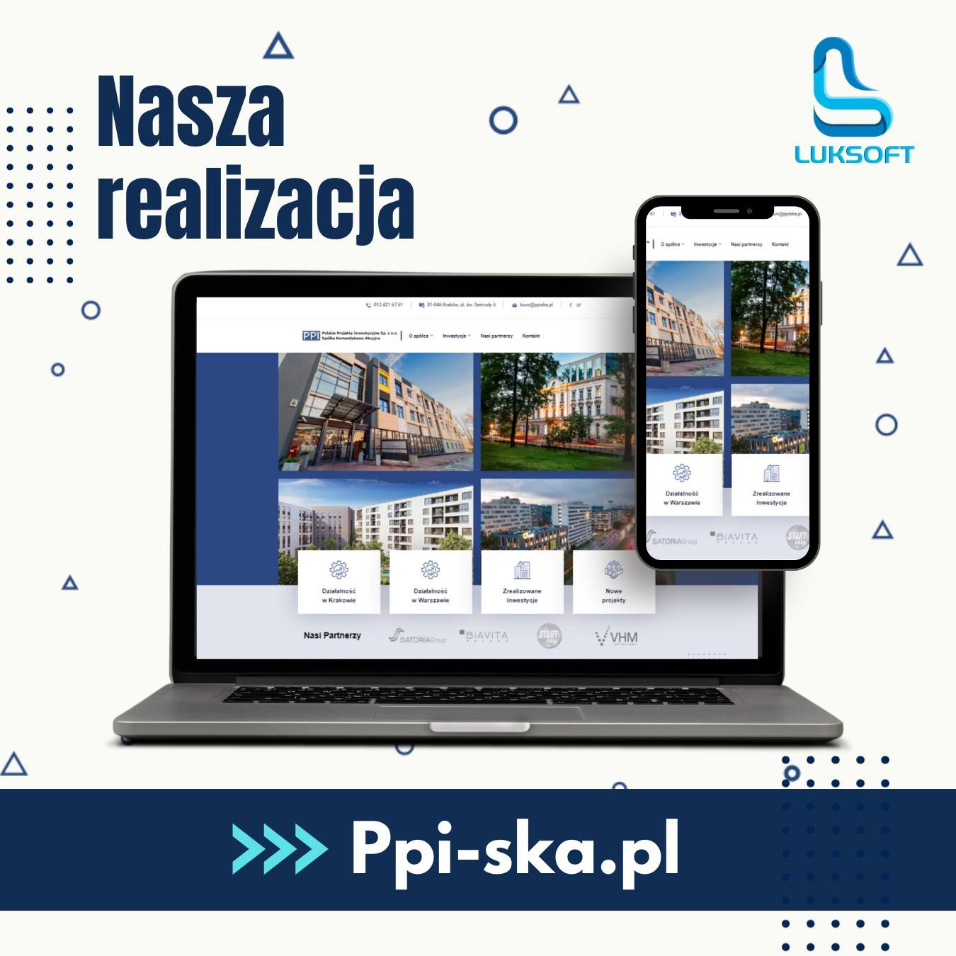 Laptop i smartfon wyświetlające stronę internetową z galerią nowoczesnych budynków mieszkalnych, logo Luksoft w prawym górnym rogu.