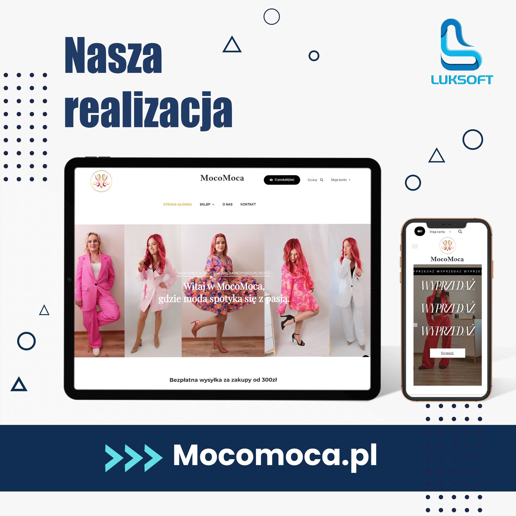 Prezentacja responsywnej strony internetowej Mocomoca.pl na tablecie i smartfonie, ukazująca galerię zdjęć modelek w różowych stylizacjach.