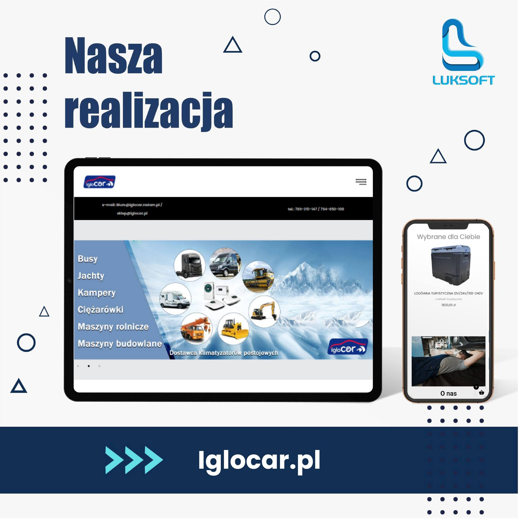 Prezentacja strony internetowej firmy Iglocar na smartfonie, z widoczną ofertą busy, jachty, kampery, ciężarówki, maszyny rolnicze i budowlane oraz lodówka turystyczna.