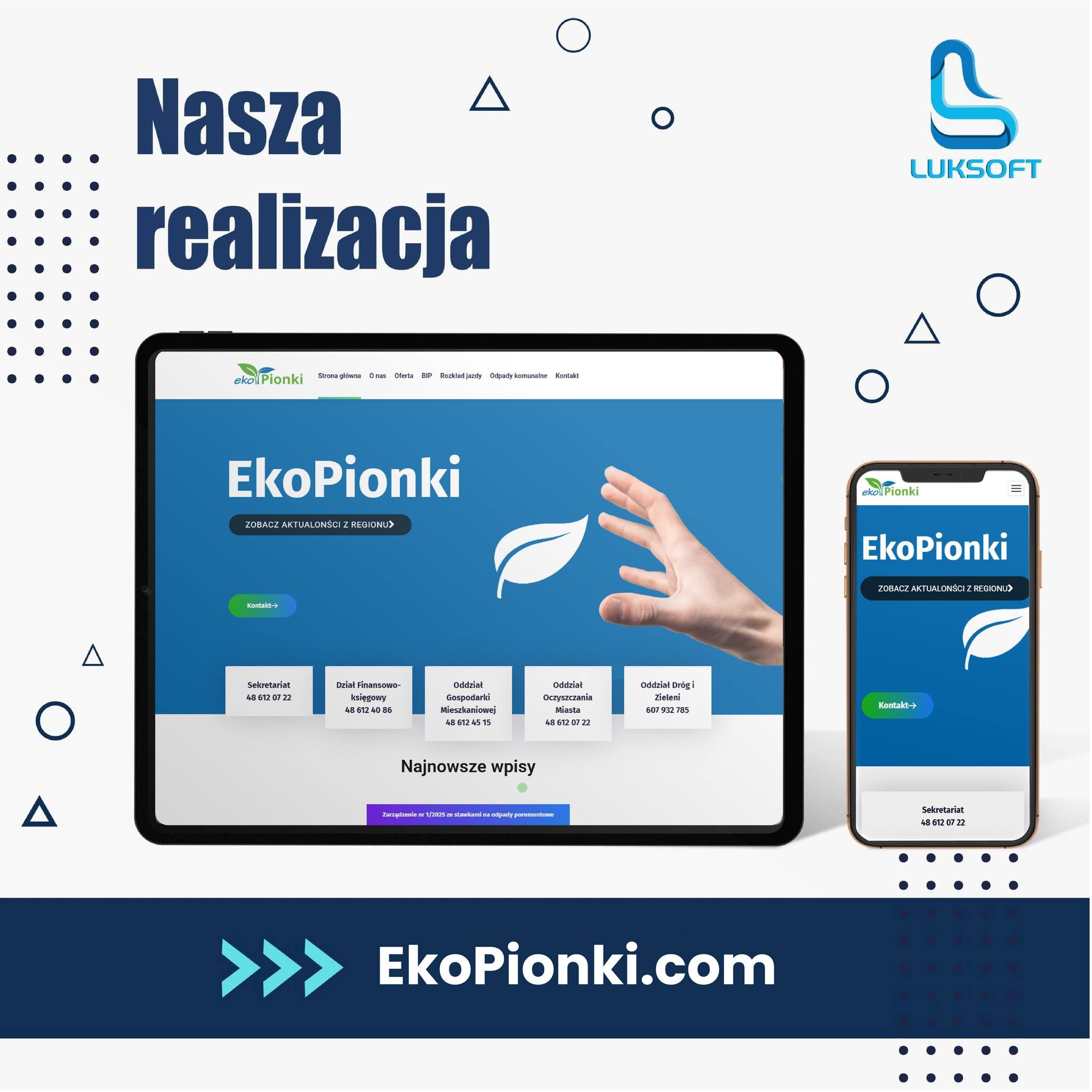 Prezentacja responsywnej strony internetowej EkoPionki.com na laptopie i smartfonie, z widocznym logo firmy Luksoft w prawym górnym rogu.