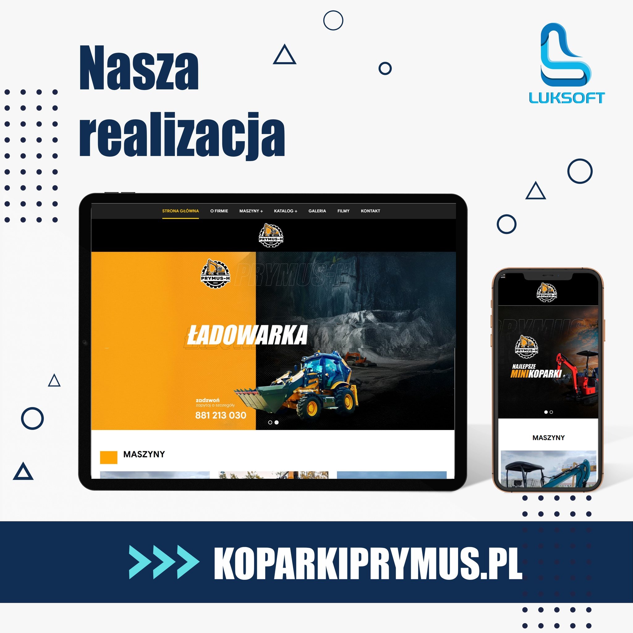 Prezentacja responsywnej strony internetowej firmy Prymus-H na tablecie i smartfonie, z widoczną ofertą ładowarek i minikoparek.