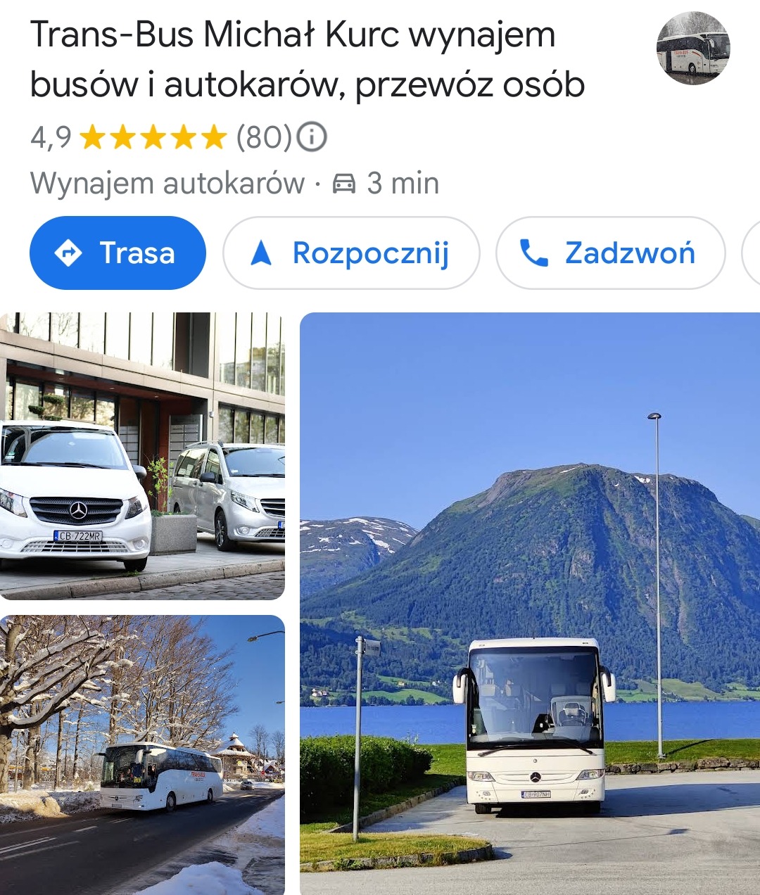 Kolaż zdjęć: dwa białe busy Mercedes zaparkowane przed budynkiem, autokar na ośnieżonej drodze, autokar Mercedes na tle jeziora i gór.