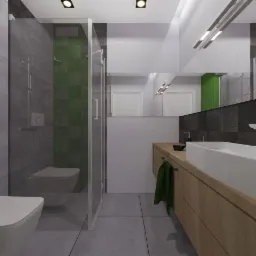 Wizualizacja nowoczesnej łazienki z kabiną prysznicową typu walk-in, umywalką nablatową na drewnianej szafce i akcentem w postaci zielonej ściany.