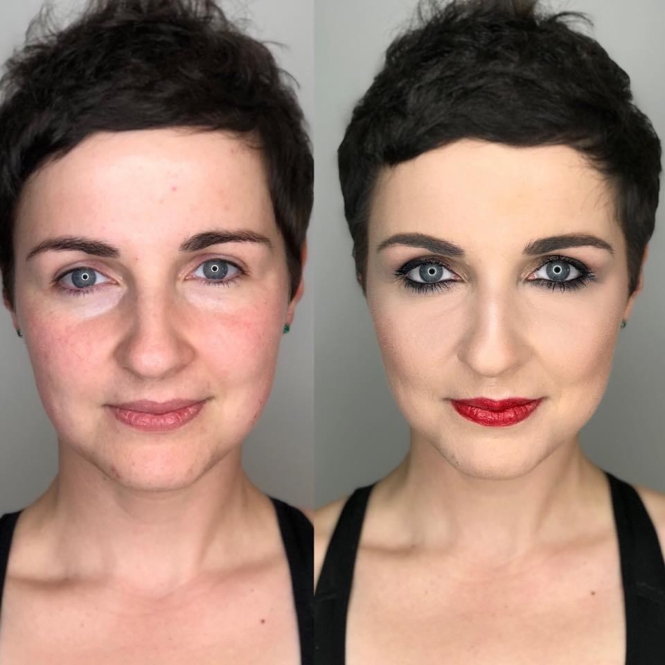 Zdjęcie 'przed i po' makijażu: po lewej twarz bez makijażu z zaczerwienieniami, po prawej twarz po profesjonalnym makijażu z wyraźnie podkreślonymi oczami i czerwonymi ustami.