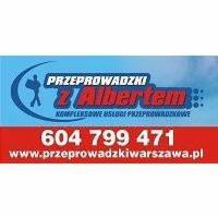 Baner reklamowy firmy przeprowadzkowej 'Przeprowadzki z Albertem' z numerem telefonu i adresem strony internetowej na niebiesko-czerwonym tle.