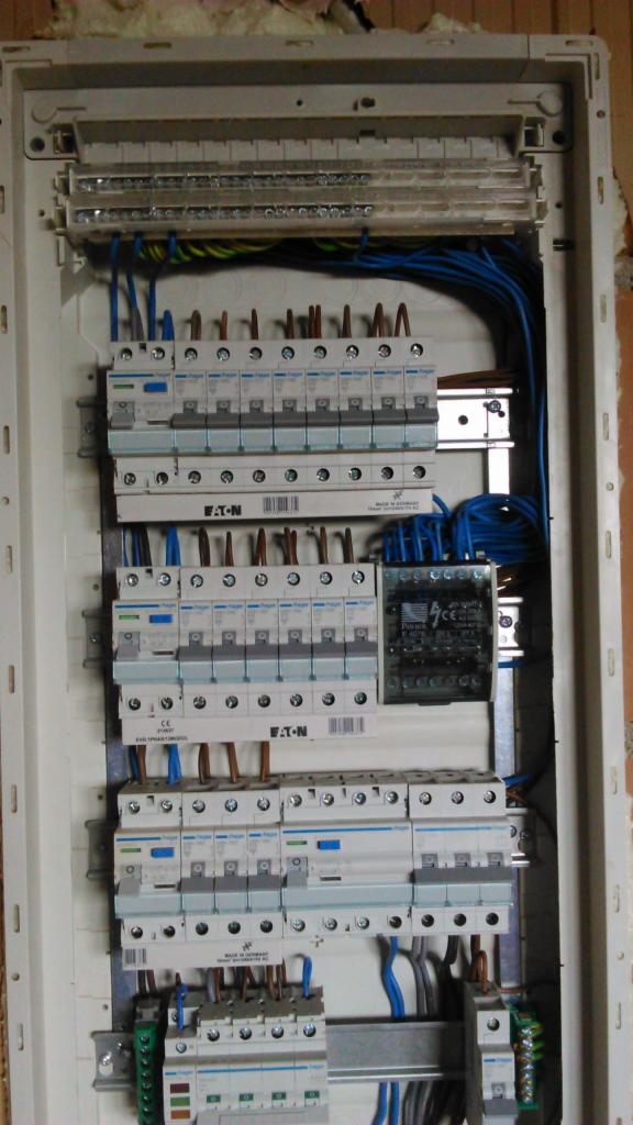 Rozdzielnica elektryczna z zainstalowanymi bezpiecznikami i przewodami w trakcie montażu w Żegocinie, widoczne marki Eaton i Hager.