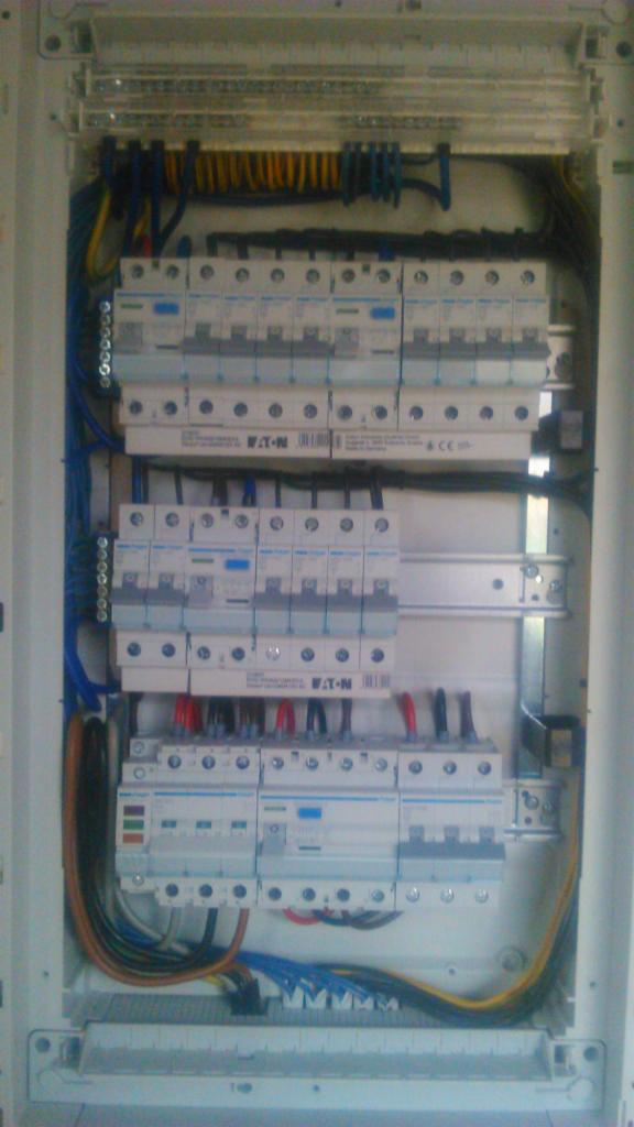 Rozdzielnica elektryczna Eaton z zainstalowanymi bezpiecznikami i okablowaniem w kolorach niebieskim, żółtym, brązowym i czarnym, widoczna w białej obudowie.