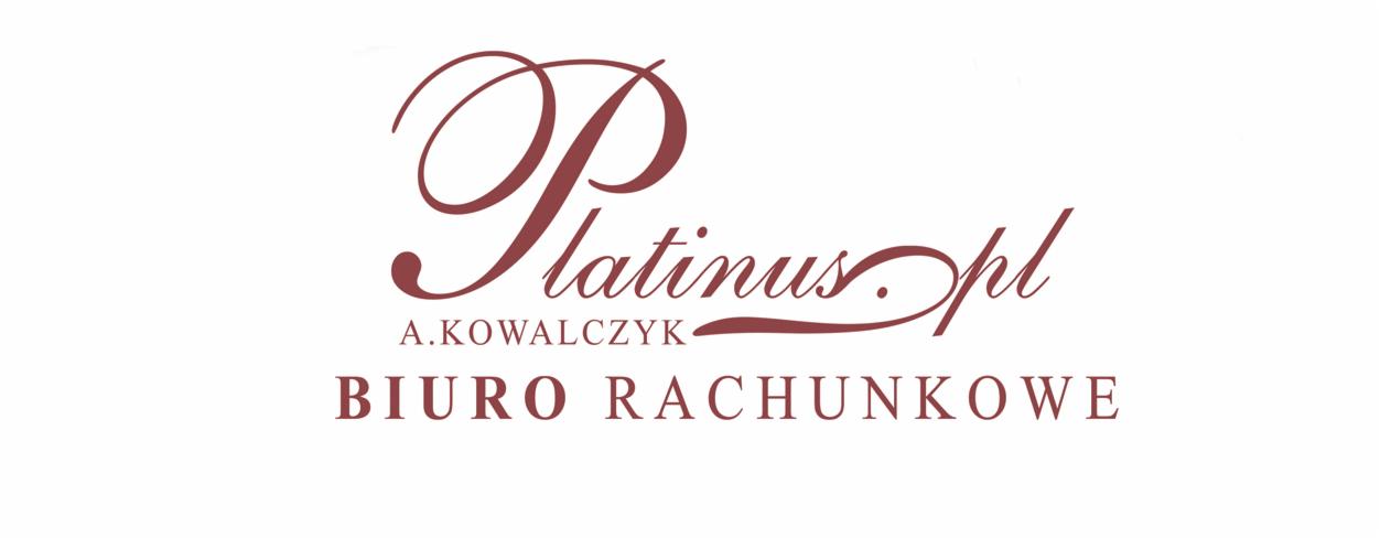 Eleganckie logo biura rachunkowego Platinus.pl z nazwiskiem A. Kowalczyk, utrzymane w bordowej kolorystyce na białym tle.
