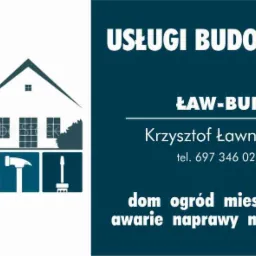 Grafika reklamowa firmy ŁAW-BUD świadczącej usługi budowlane, remontowe i ogrodnicze, z ikonami narzędzi i budynków.