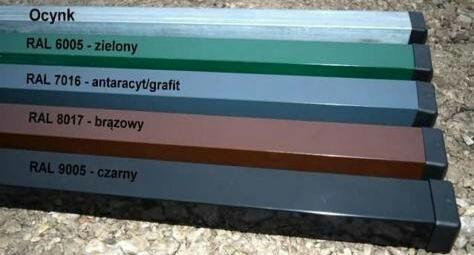 Przekrój słupków ogrodzeniowych w różnych kolorach RAL: ocynk, zielony RAL 6005, grafitowy RAL 7016, brązowy RAL 8017 i czarny RAL 9005, ułożone na żwirowym podłożu.