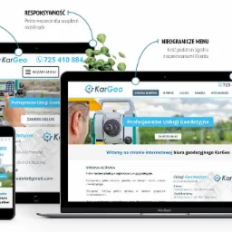 Responsywna strona internetowa firmy geodezyjnej KarGeo prezentowana na laptopie, tablecie i smartfonie, z elementami dekoracyjnymi w postaci roślin.