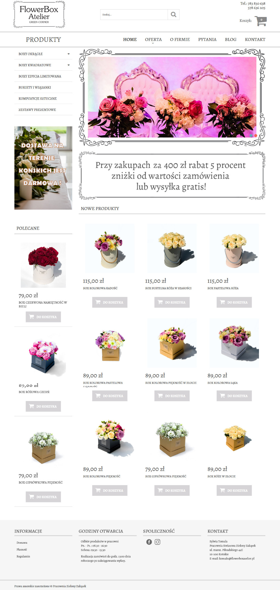 Strona internetowa kwiaciarni FlowerBox Atelier z ofertą boxów kwiatowych, prezentująca aranżacje kwiatowe w ozdobnych pudełkach, z informacjami o dostawie, godzinach otwarcia i kontakcie.