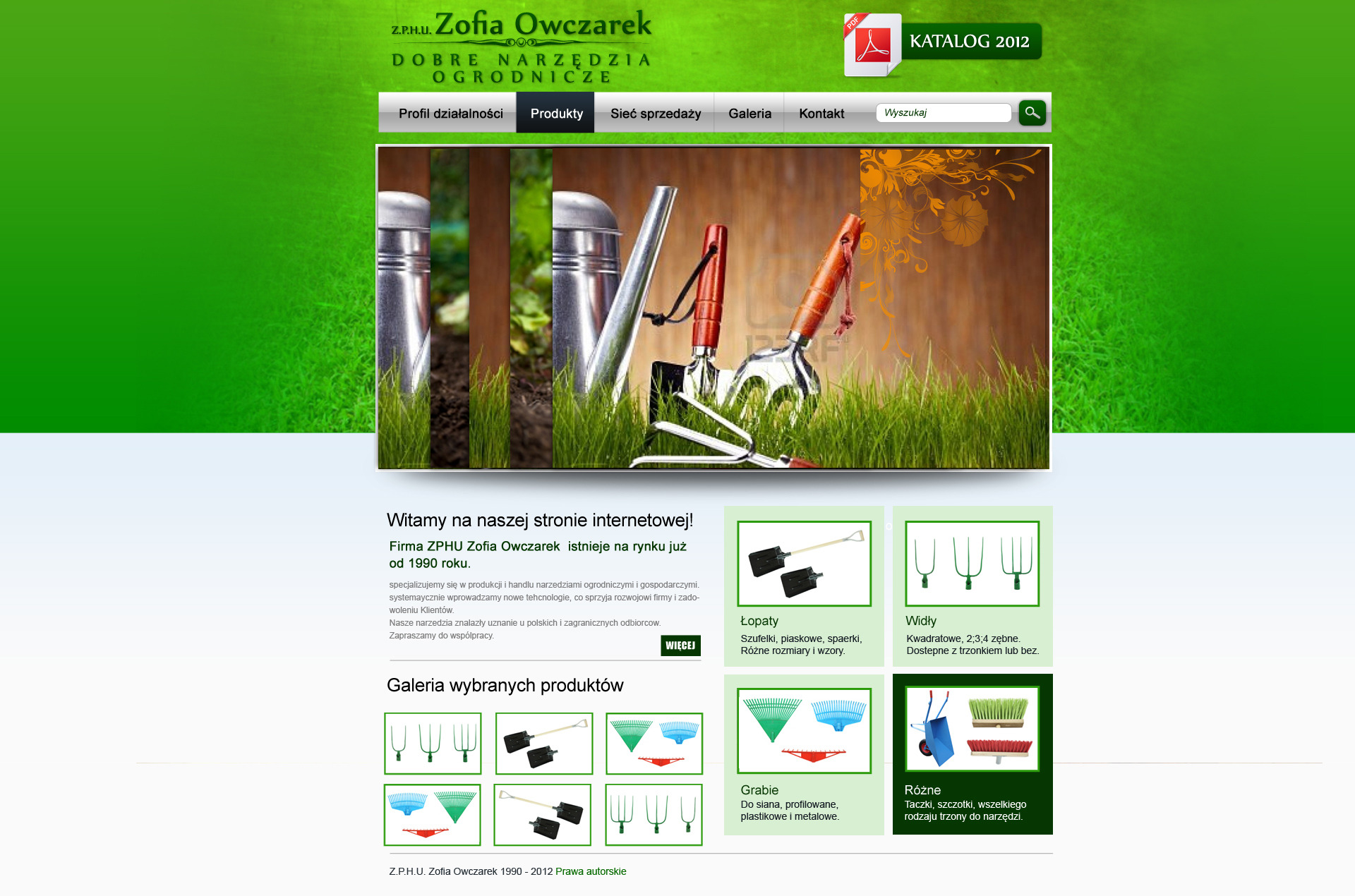 Zdjęcie przedstawia fragment strony internetowej firmy ZPHU Zofia Owczarek z narzędziami ogrodniczymi, zawierającej sekcję z produktami, logo firmy i menu nawigacyjne.