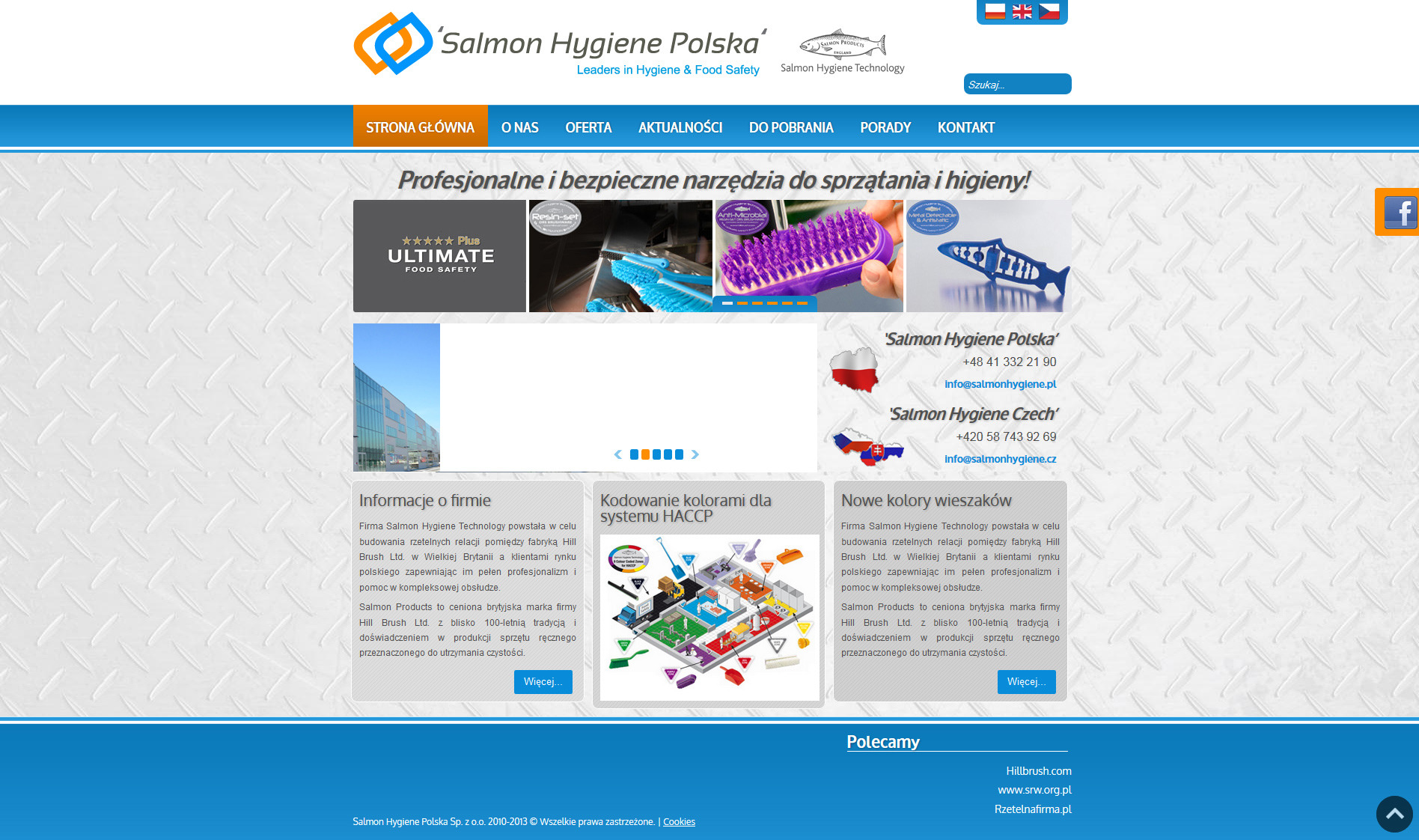 Strona internetowa firmy Salmon Hygiene Polska prezentująca narzędzia do sprzątania i higieny, z logo firmy, menu nawigacyjnym i sekcjami informacyjnymi.