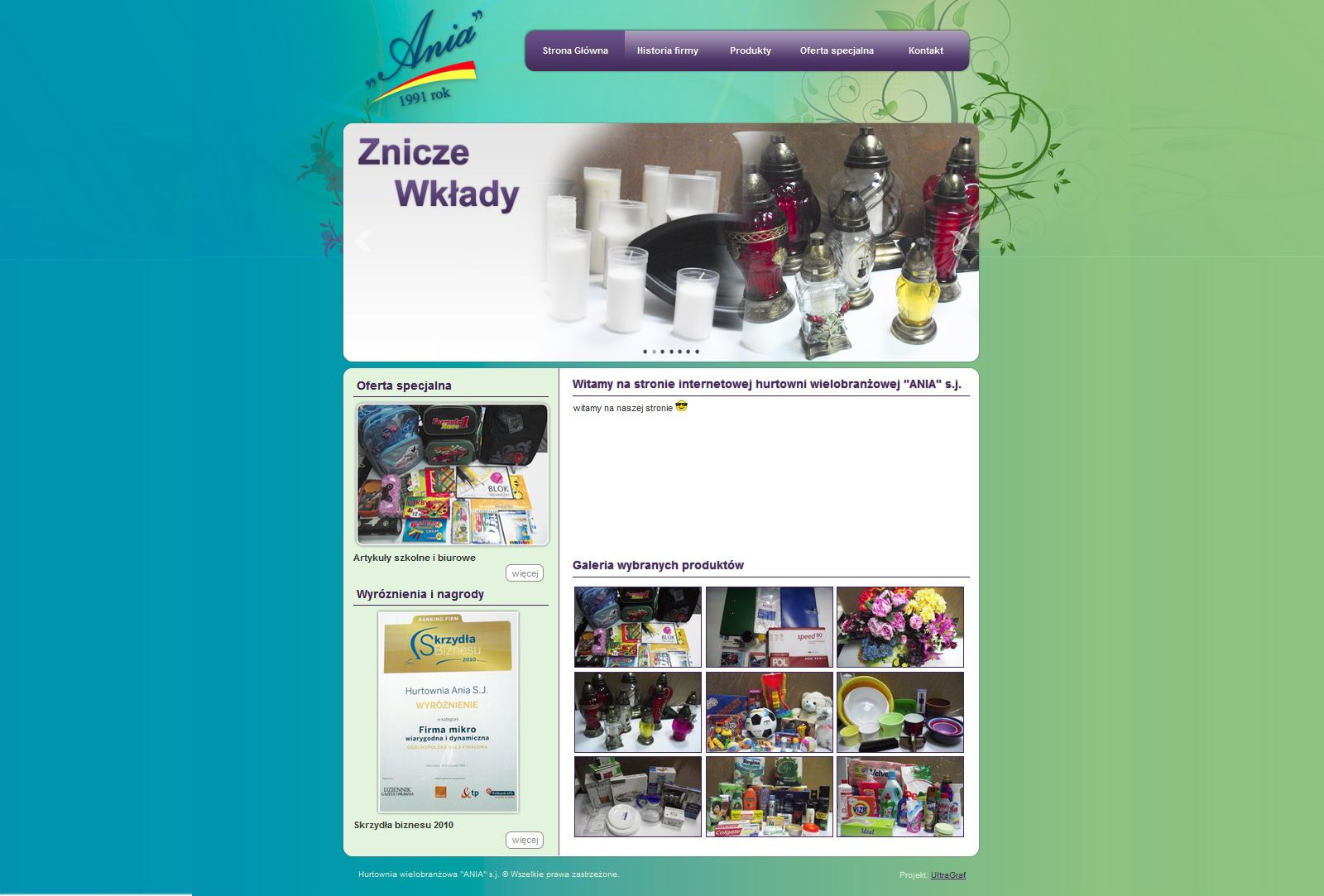 Strona internetowa hurtowni wielobranżowej 'Ania' z prezentacją zniczy i wkładów do zniczy w sliderze na górze strony.