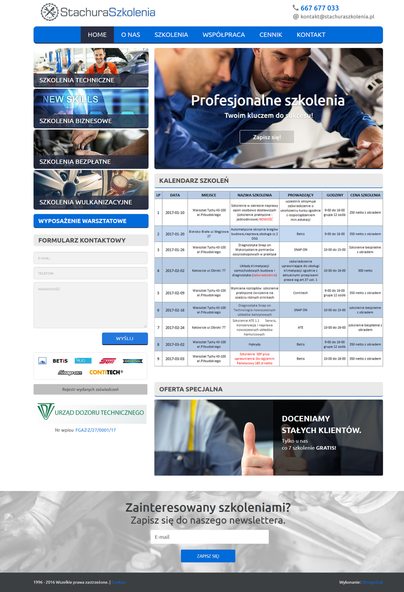 Strona internetowa firmy szkoleniowej Stachura Szkolenia, prezentująca ofertę profesjonalnych szkoleń technicznych, biznesowych i wulkanizacyjnych, z kalendarzem szkoleń i formularzem kontaktowym.