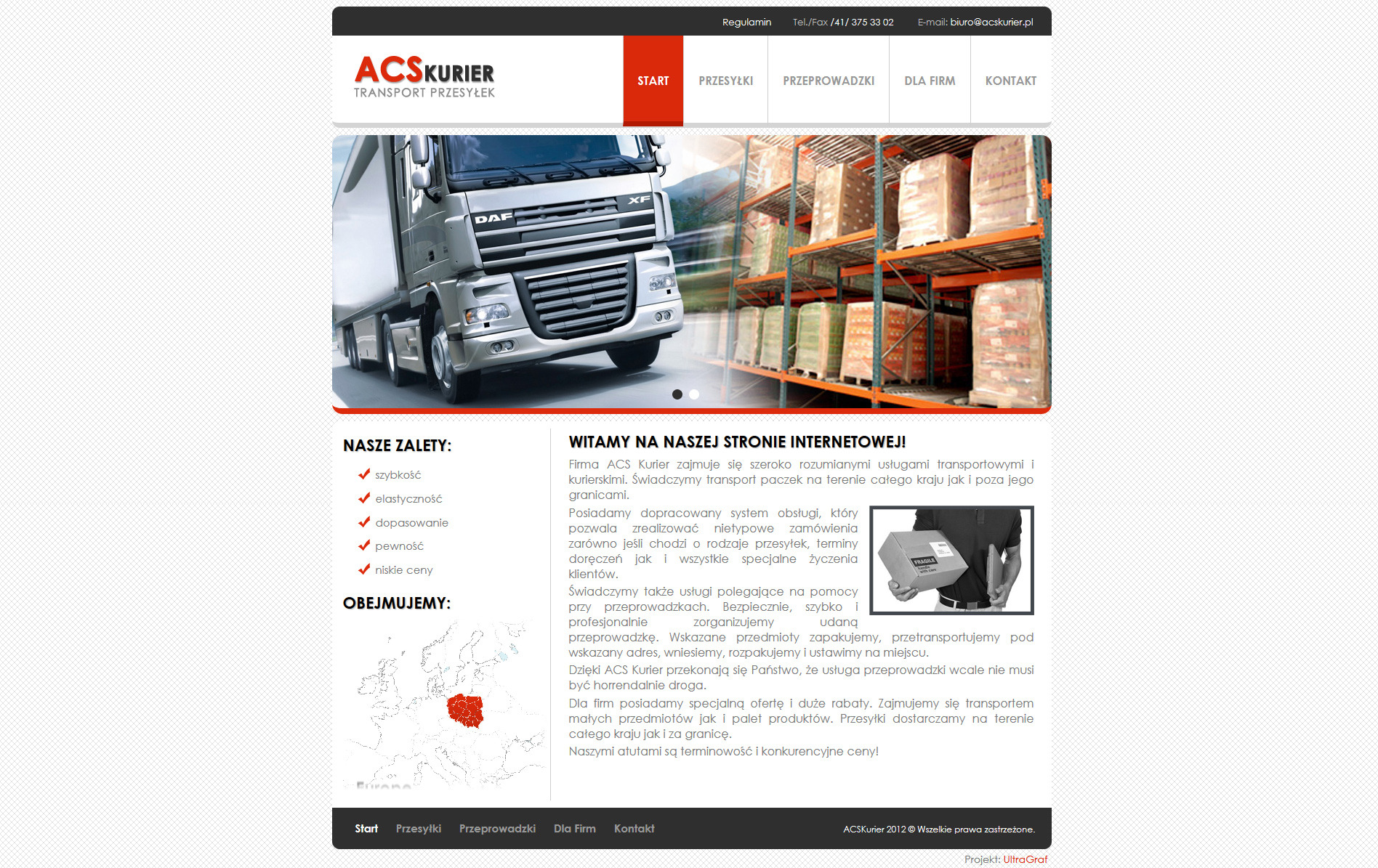 Strona internetowa firmy ACS Kurier z widocznym logotypem, zdjęciem ciężarówki DAF XF oraz regałami z zapakowanymi przesyłkami w tle, prezentująca ofertę usług transportowych i kurierskich.