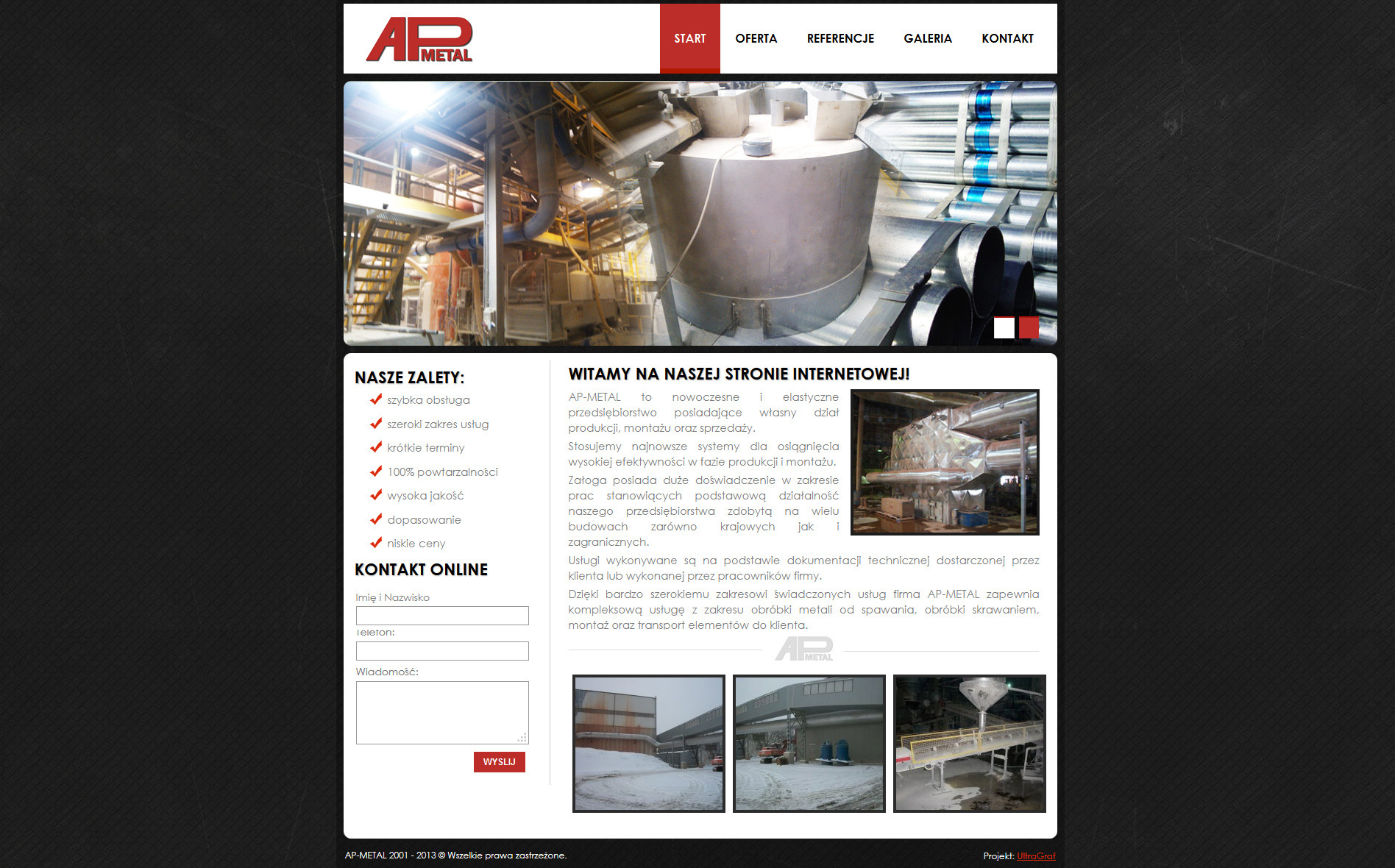 Strona internetowa firmy AP-METAL z widocznym logo, menu nawigacyjnym, listą zalet, formularzem kontaktowym oraz zdjęciami z produkcji i montażu konstrukcji metalowych.