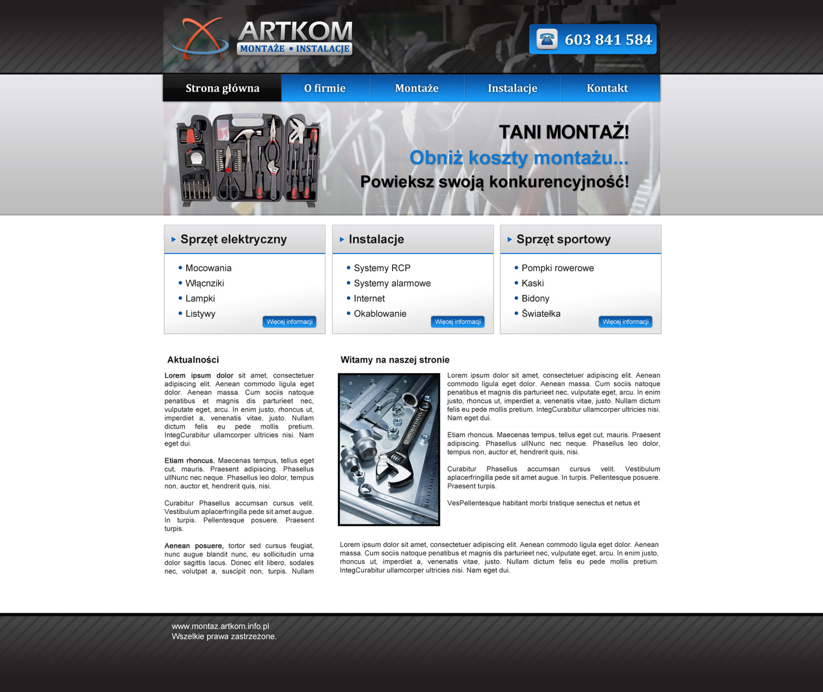 Zrzut ekranu strony internetowej firmy montażowej Artkom, prezentujący ofertę w zakresie sprzętu elektrycznego, instalacji i sprzętu sportowego.