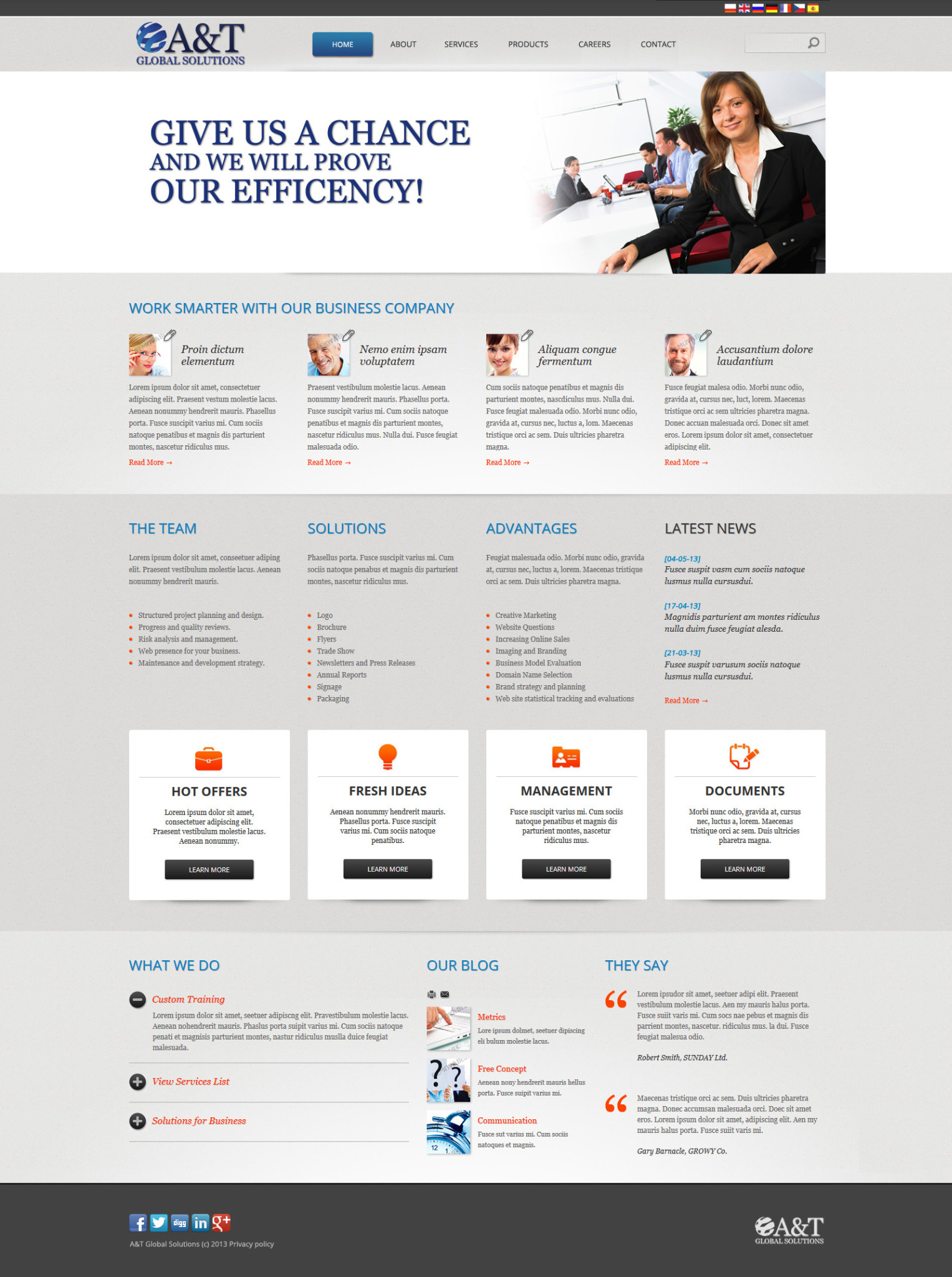 Zdjęcie przedstawia fragment strony internetowej firmy A&T Global Solutions z nagłówkiem 'Give us a chance and we will prove our efficiency!' oraz sekcjami 'Work smarter with our business company',...