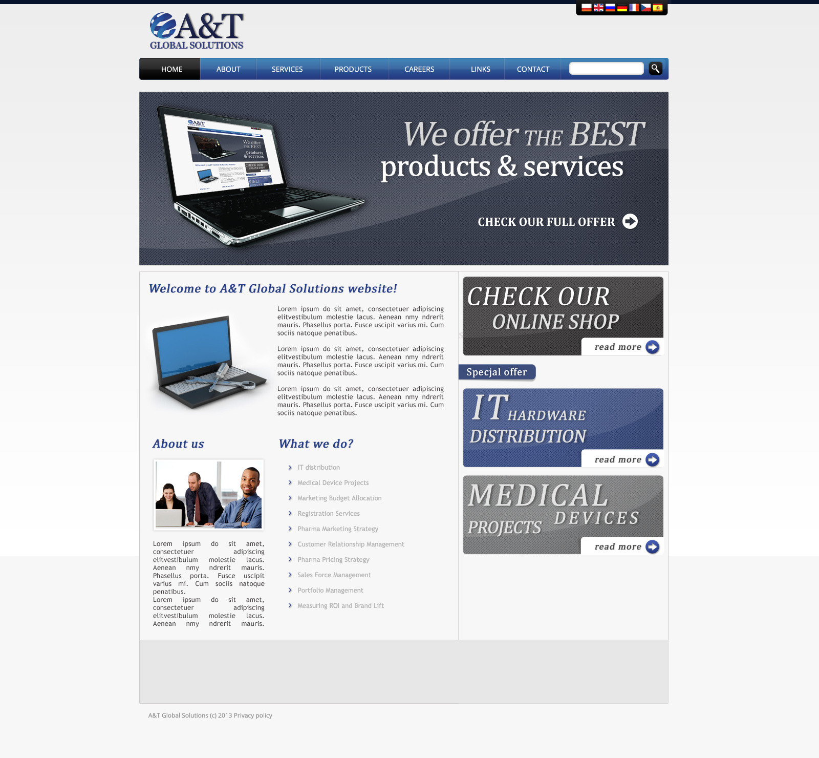 Grafika strony internetowej firmy A&T Global Solutions prezentująca ofertę produktów i usług na laptopie.