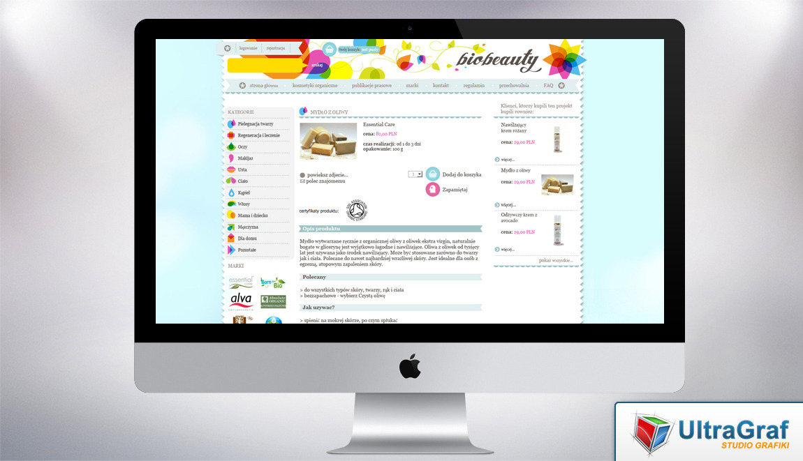 Ekran komputera iMac wyświetlający stronę internetową sklepu z kosmetykami naturalnymi 'biobeauty', z widocznymi kategoriami produktów i opisem mydła oliwkowego.