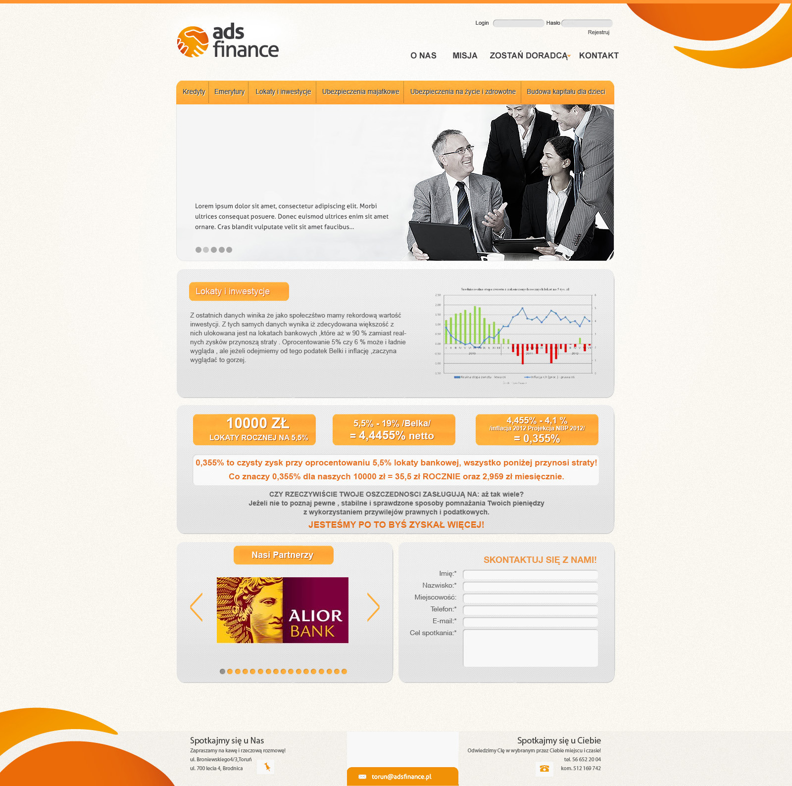 Strona internetowa firmy finansowej z logo, menu nawigacyjnym, zdjęciem zespołu w tle, wykresami, informacjami o lokatach i formularzem kontaktowym.