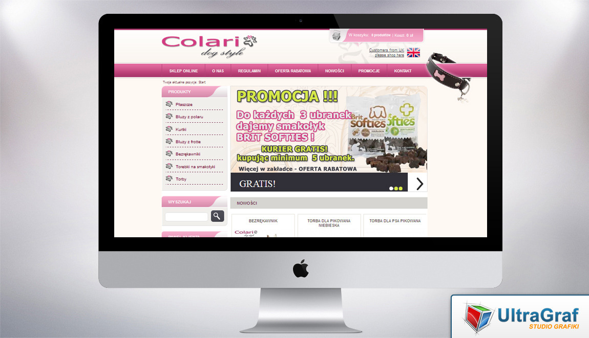 Ekran komputera iMac wyświetlający stronę internetową sklepu z odzieżą i akcesoriami dla psów, z widocznym logo 'Colari dog style', menu nawigacyjnym i banerem promocyjnym oferującym smakołyki Brit...