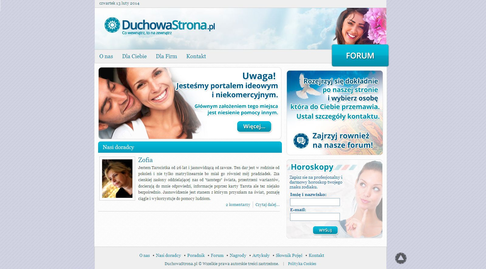 Zrzut ekranu strony internetowej DuchowaStrona.pl z sekcjami: logo, menu, baner z parą, informacje o portalu, profil doradcy Zofii, forum i horoskop.