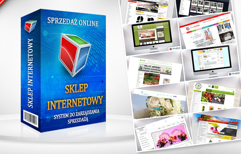 Pudełko oprogramowania do tworzenia sklepu internetowego, obok kolaż z przykładowymi ekranami różnych sklepów internetowych na monitorach.