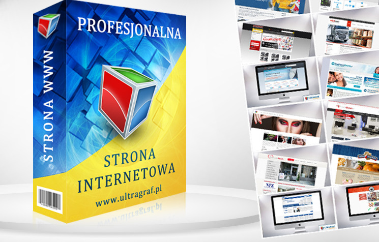 Pudełko o niebiesko-żółtej kolorystyce z napisem 'Profesjonalna Strona Internetowa' i abstrakcyjnym logo sześcianu, obok kolaż ekranów komputerów prezentujących różne projekty graficzne stron WWW.