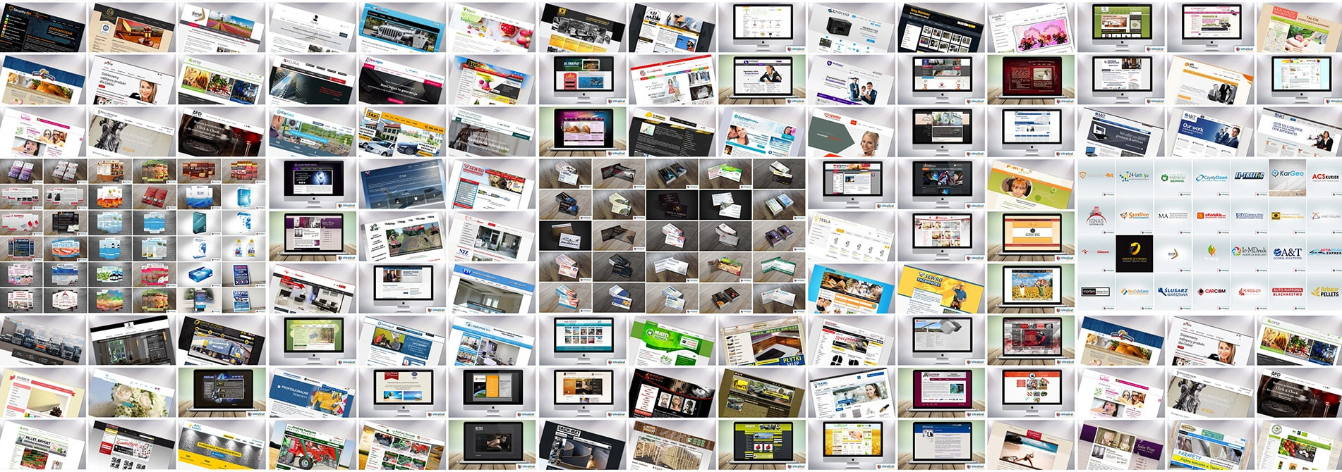 Mozaika miniatur stron internetowych i wizytówek, prezentujących różnorodność projektów graficznych i funkcjonalności, wyświetlanych na monitorach i w formie drukowanej.