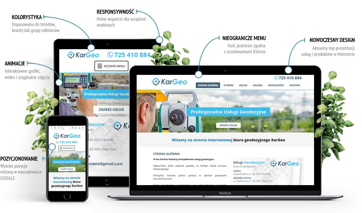 Responsywna strona internetowa firmy geodezyjnej KarGeo prezentowana na laptopie, tablecie i smartfonie, z elementami dekoracyjnymi w postaci roślin.