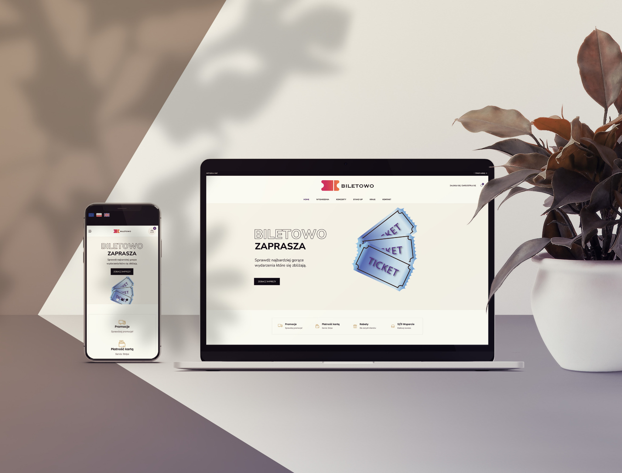 Laptop i smartfon prezentujące stronę internetową z biletami na wydarzenia, obok doniczka z rośliną.