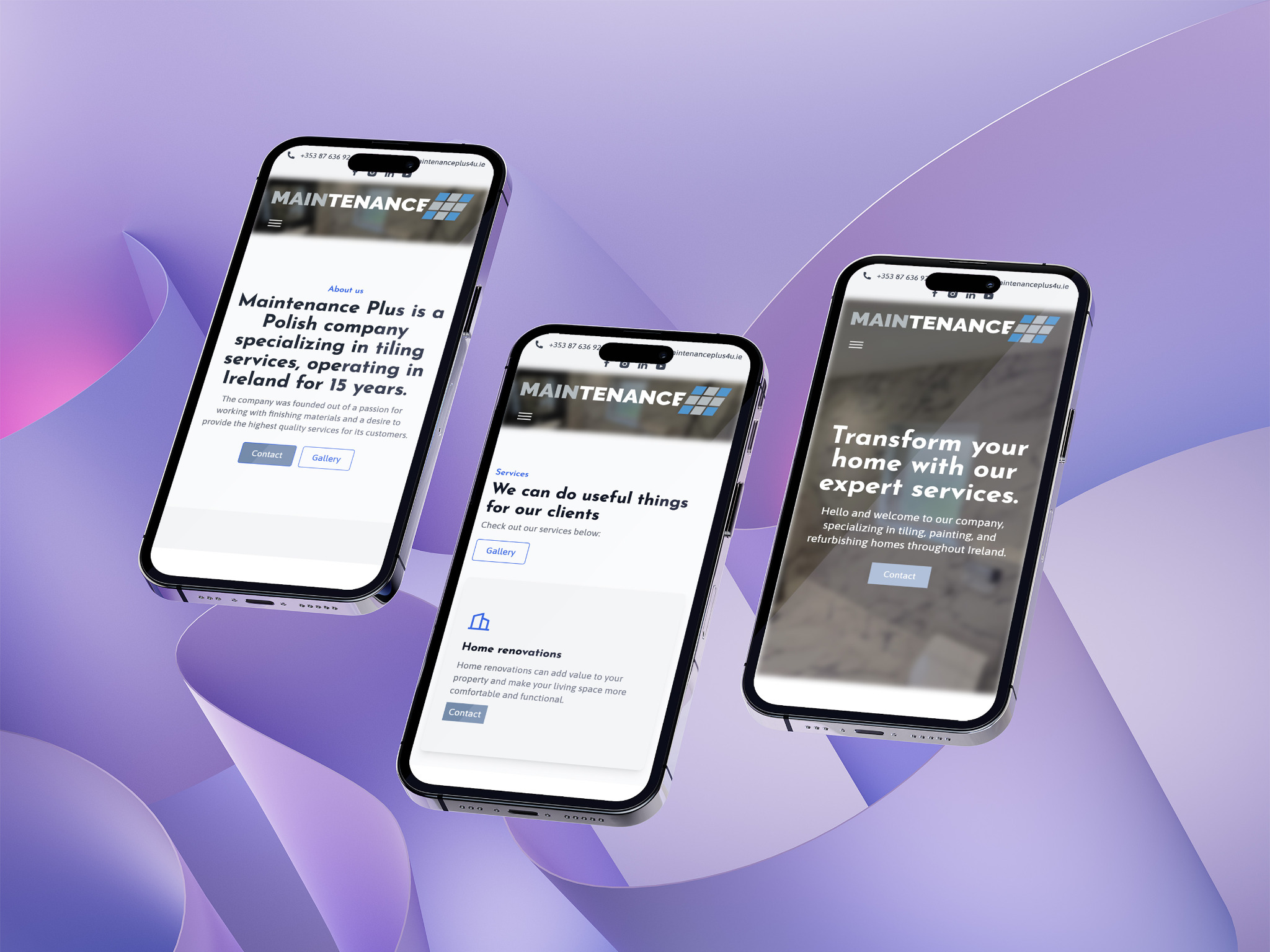 Prezentacja responsywnej strony internetowej firmy remontowej Maintenance Plus na trzech smartfonach z widocznym logo oraz ofertą usług glazurniczych, malarskich i renowacyjnych, na abstrakcyjnym...
