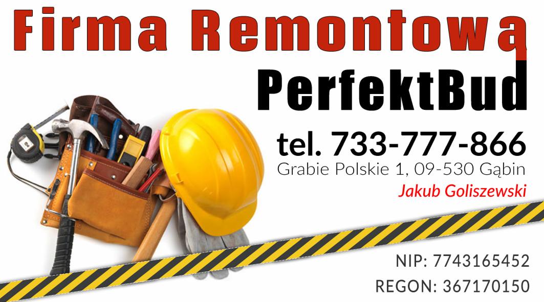 Logo firmy remontowej PerfektBud z żółtym kaskiem, pasem z narzędziami, numerem telefonu i adresem.