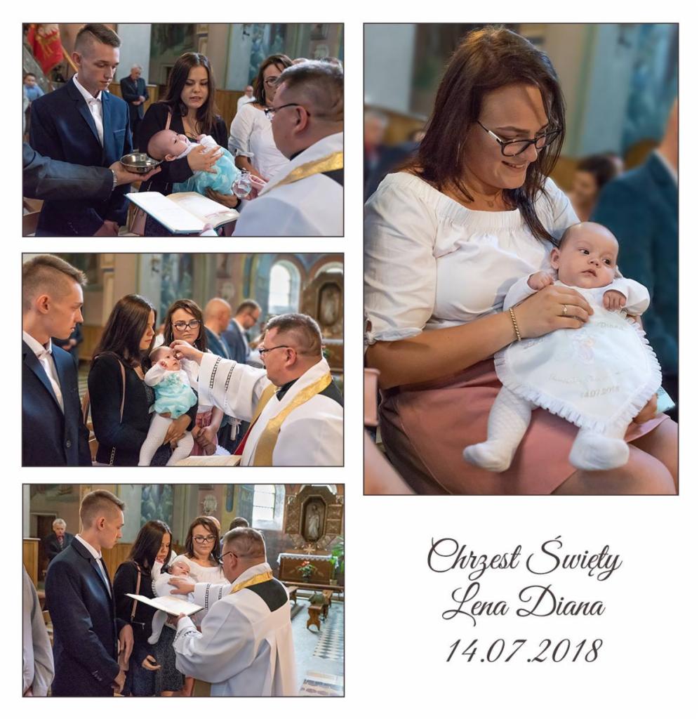 Kolaż zdjęć z ceremonii chrztu dziecka w kościele, obejmujący moment polewania głowy wodą święconą przez księdza oraz portret matki trzymającej dziecko, uzupełniony o napis 'Chrzest Święty Lena...