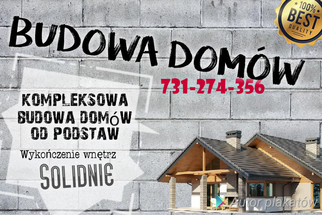 Grafika reklamowa firmy budowlanej z wizualizacją domu jednorodzinnego z dwuspadowym dachem i numerem telefonu na tle ściany z szarych bloczków.