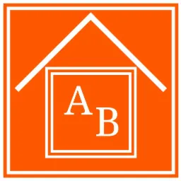 Pomarańczowe logo z białym obrysem domu i literami A i B wewnątrz kwadratu.