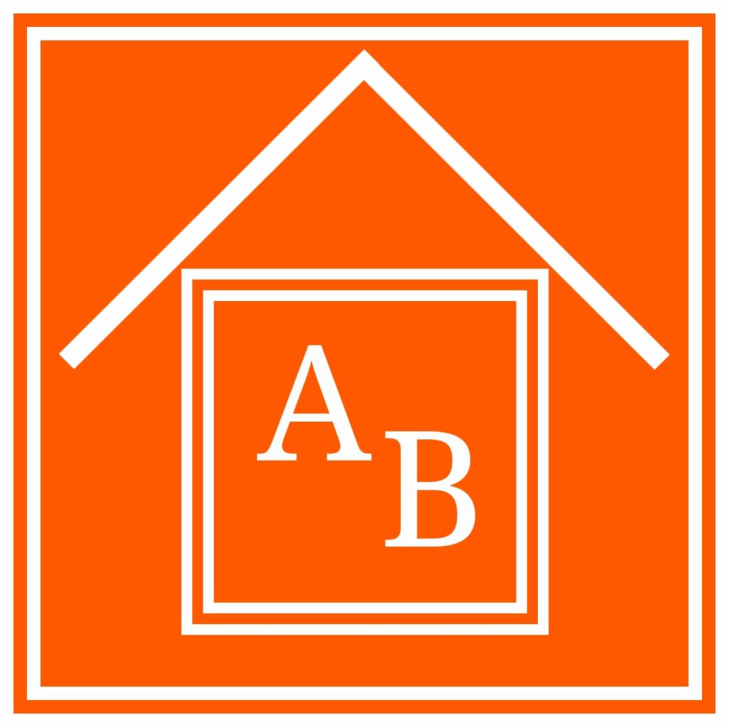 Pomarańczowe logo z białym obrysem domu i literami A i B wewnątrz kwadratu.