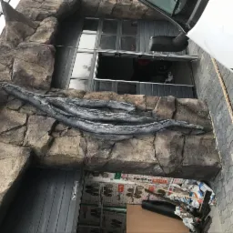 Elewacja budynku imitująca skałę z dekoracyjnymi elementami przypominającymi korzenie, widok na garaż z otwartą bramą i częściowo widoczny samochód.