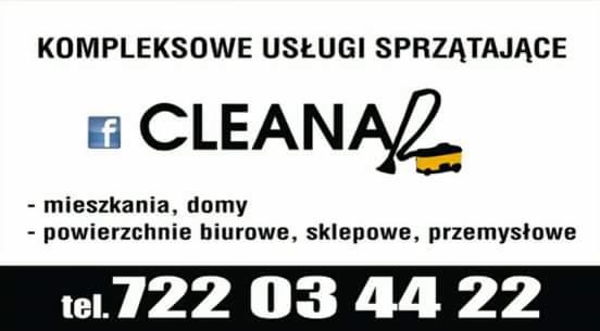 Reklama firmy sprzątającej CleanAll z ikoną Facebooka, odkurzaczem i numerem telefonu, oferującej kompleksowe sprzątanie mieszkań, domów, biur, sklepów i powierzchni przemysłowych.