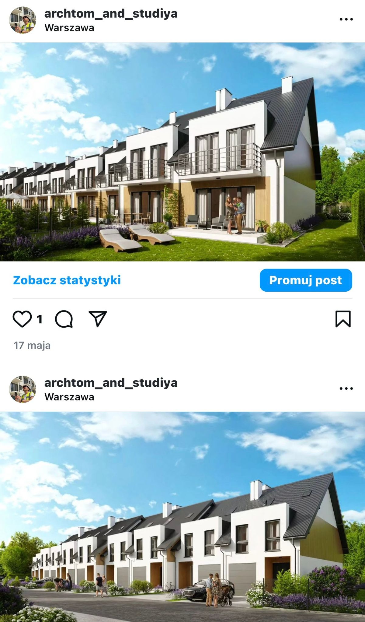 Wizualizacja szeregu nowoczesnych domów jednorodzinnych z balkonami, z przyległym zagospodarowanym terenem zielonym i meblami ogrodowymi, prezentowana w słoneczny dzień.