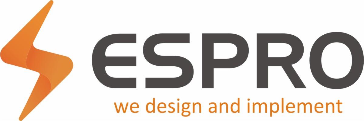 Logo firmy ESPRO z Torunia, specjalizującej się w projektowaniu i wdrażaniu rozwiązań, z symbolem błyskawicy w kolorze pomarańczowym.