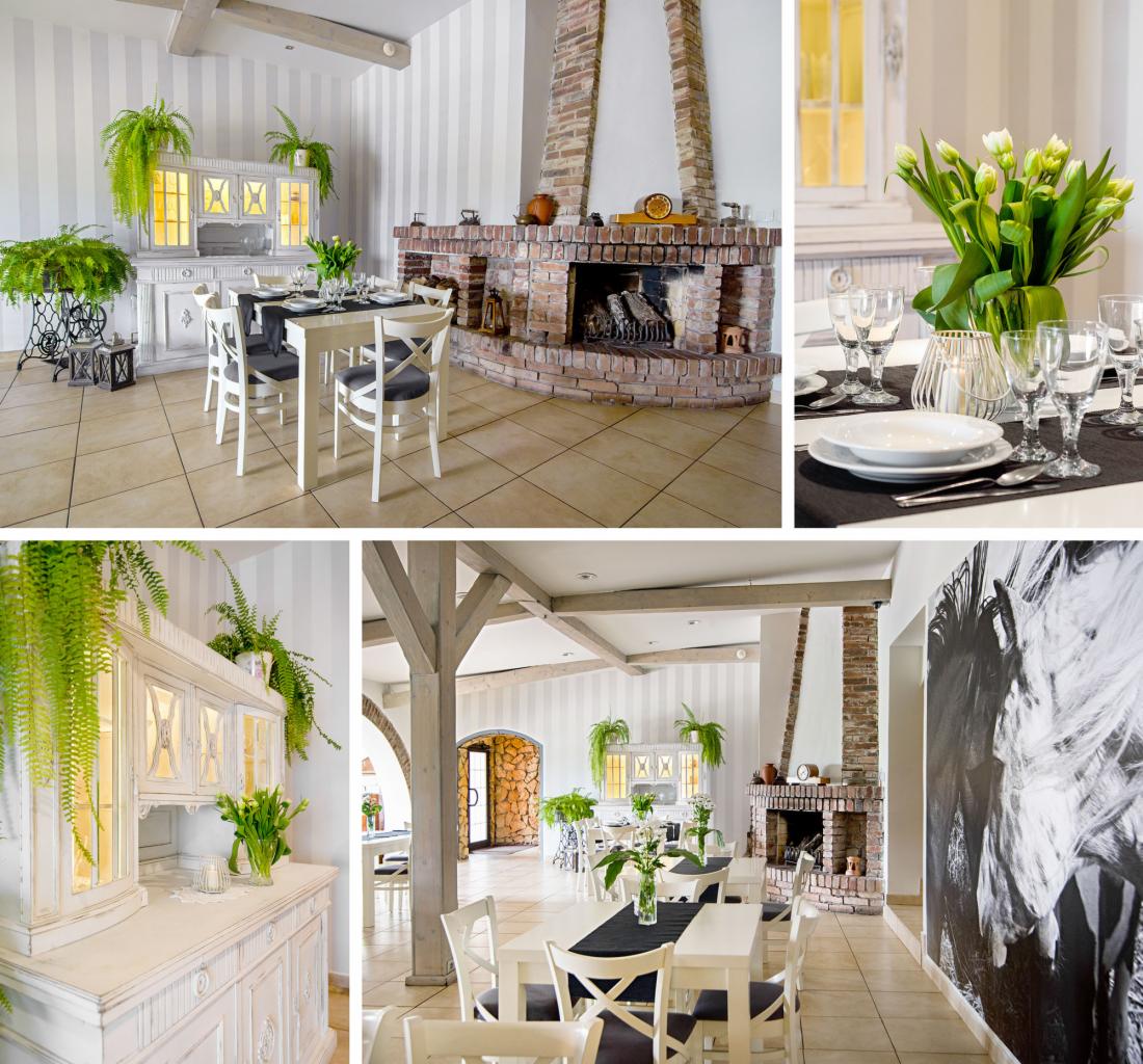 Jasne wnętrze restauracji z białymi meblami, ceglanym kominkiem i dekoracjami roślinnymi, widok na nakryty stół z białymi tulipanami.