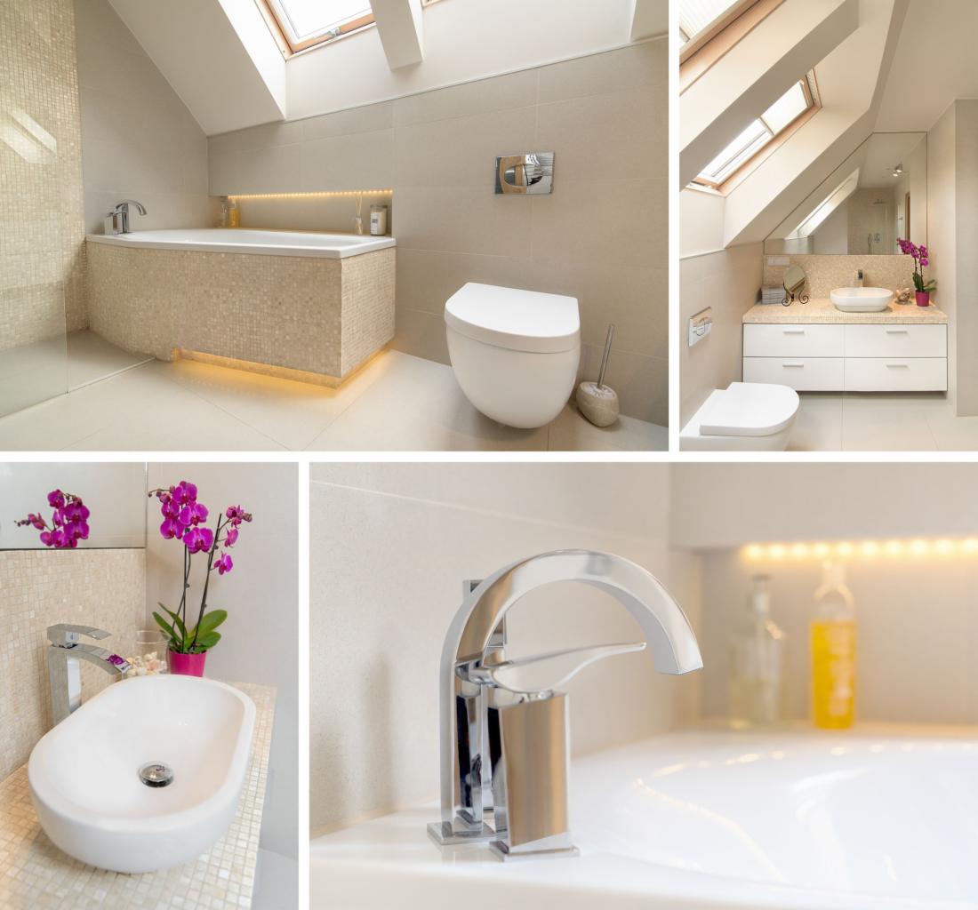 Jasna łazienka na poddaszu ze skośnym oknem dachowym, mozaikową obudową wanny z podświetleniem LED, wiszącą toaletą i umywalką nablatową z kwiatami.