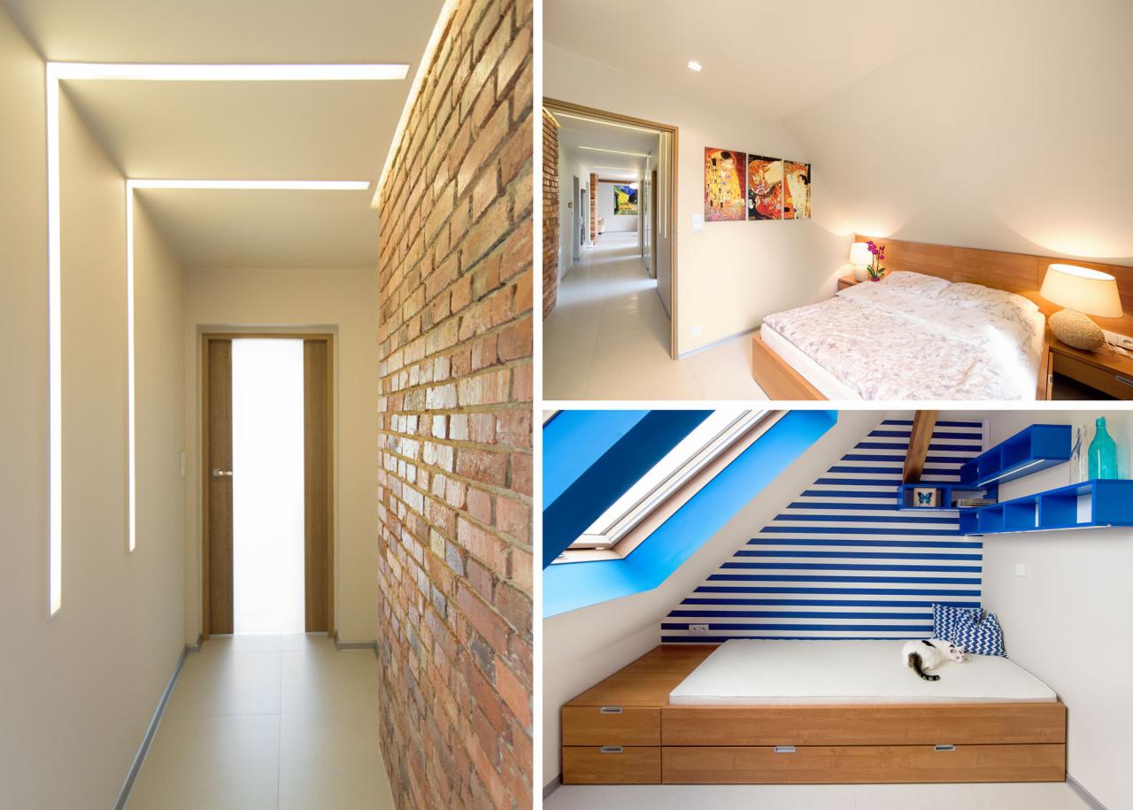 Kompozycja trzech ujęć wnętrz: korytarz z ceglaną ścianą i liniowym oświetleniem LED, sypialnia na poddaszu z obrazami, pokój dziecięcy z niebieskimi pasami i oknem dachowym.