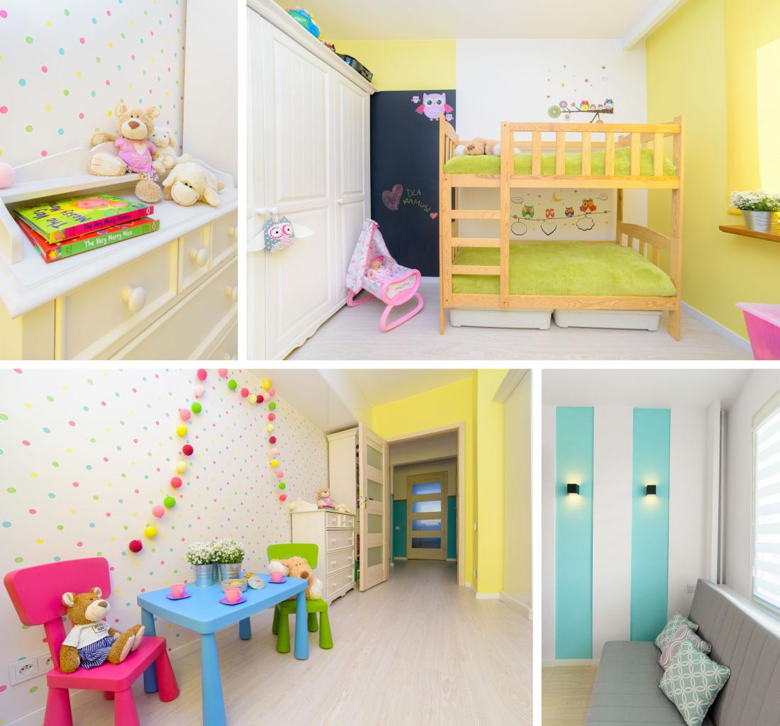 Kolaż przedstawiający pokój dziecięcy z różnymi strefami: kącik z łóżkiem piętrowym, biurkiem i tablicą, miejsce do zabawy z kolorowymi mebelkami i ścianą w kropki, oraz strefa relaksu z szarą sofą...