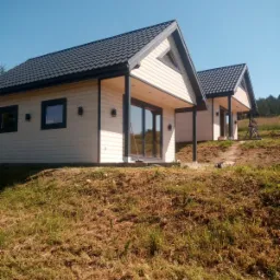 Dwa identyczne domki letniskowe z jasnego drewna z ciemnymi dachami i ramami okiennymi, stojące na wzgórzu porośniętym trawą, jeden za drugim, z widocznym sprzętem budowlanym w tle.