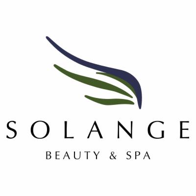 Logo salonu kosmetycznego Solange Beauty & Spa z abstrakcyjnym motywem skrzydła w kolorach granatowym i zielonym.
